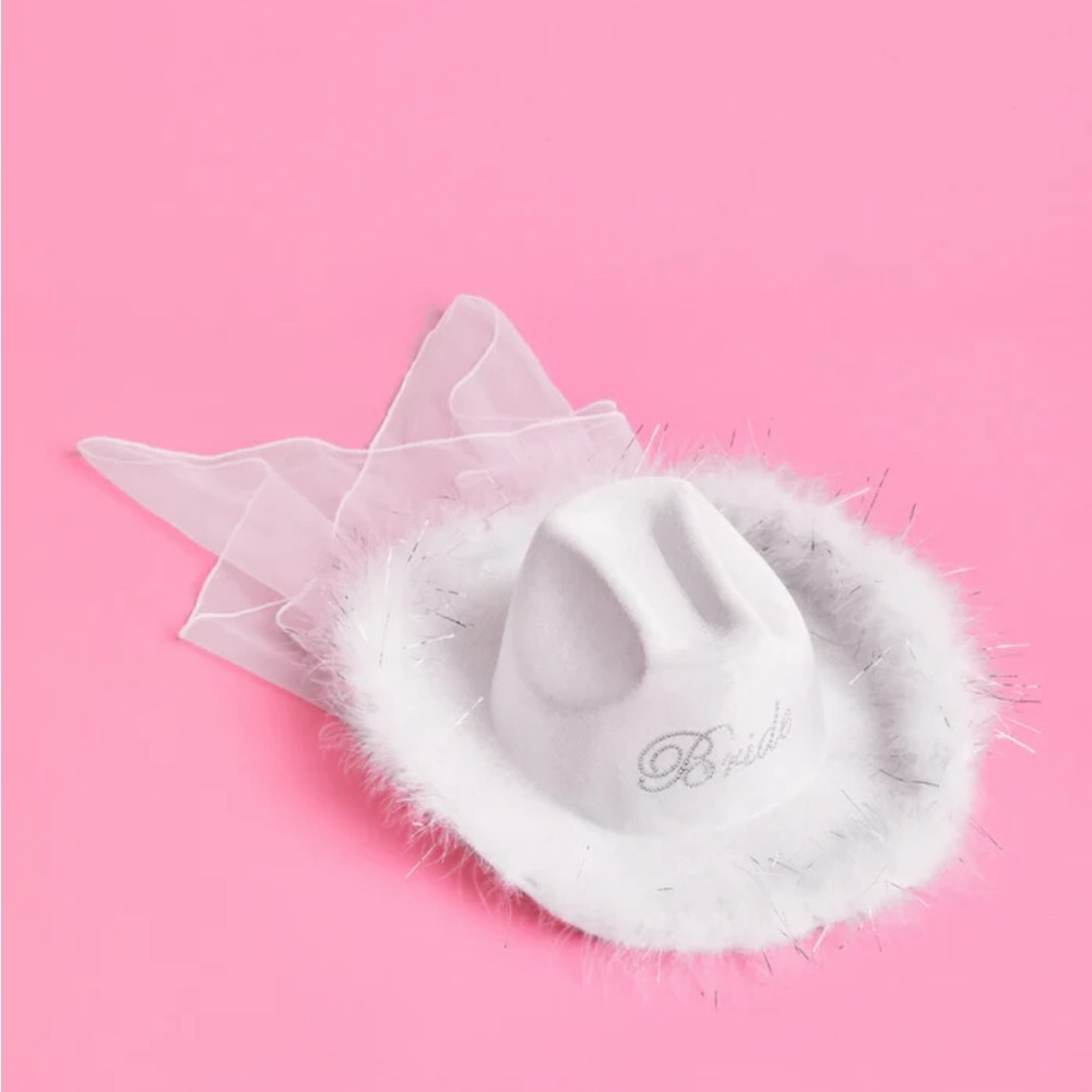 White Bride Cowboy Hat with Silver Rhinestones and Feathers